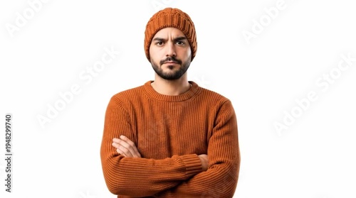 A man in an orange sweater and beanie looks serious portrait.