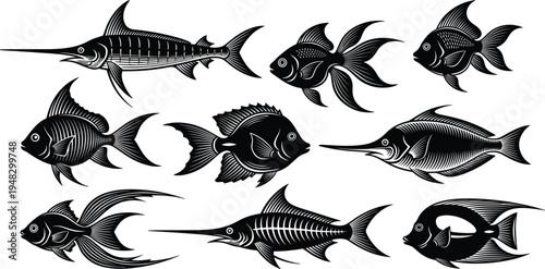 Marine Fish Silhouette Set with Various Ocean and Aquarium Fish Species Detailed Black Vector Collection for Seafood Design, Fishing Graphics, Marine Life Illustrations, and Logos