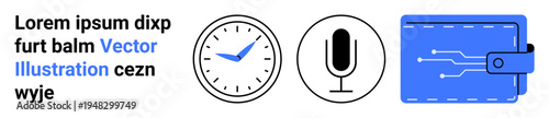 Digital transactions, time management, audio recording, financial security, business, and artificial intelligence. Clock, microphone and digital wallet illustration. Digital transactions and time