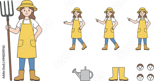 Cartoon vector illustration of female farmer character with pitchfork, watering can, boots, and multiple poses