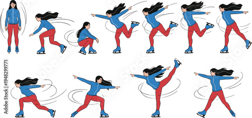 Cartoon vector illustration of female figure skater performing jumps, spins, and poses on ice