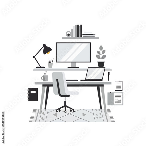 Modern home office setup with desk, chair, computer, and accessories for productive work and learning