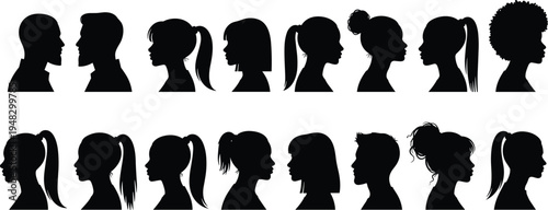   
Human head silhouette illustration showing diverse hairstyles, ponytails, buns, afros, curly hair, short styles, male and female profiles, fashion diversity