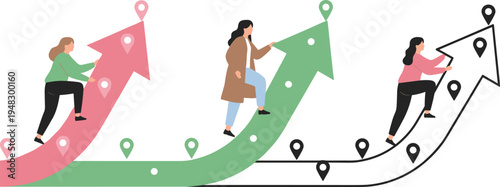 Cartoon women climbing progress arrows with milestones representing growth, achievement, and personal development