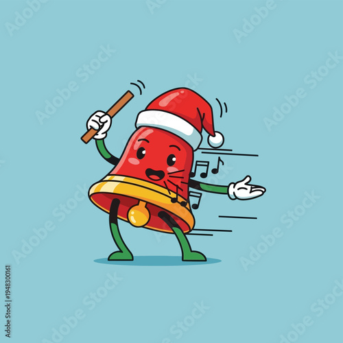 Cartoon Bell Character Wearing Santa Hat.