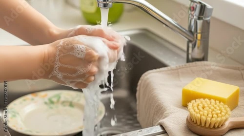 A person washing dishes in a kitchen sink with soap and water running