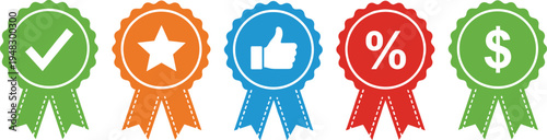 Colorful vector illustration of award ribbons with checkmark, star, thumbs up, percentage, and dollar sign symbols