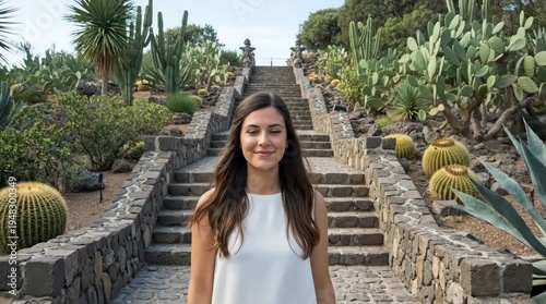 A young woman standing in front of a long staircase in a beautiful garden with cacti and other plants