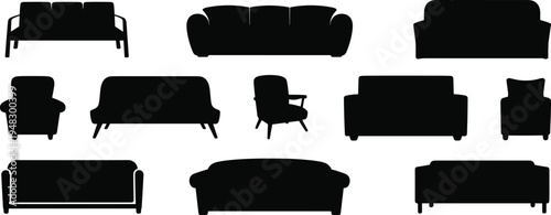 Black sofa and armchair silhouette collection, modern furniture vector icons for interior design, home decor inspiration, flat vector illustration