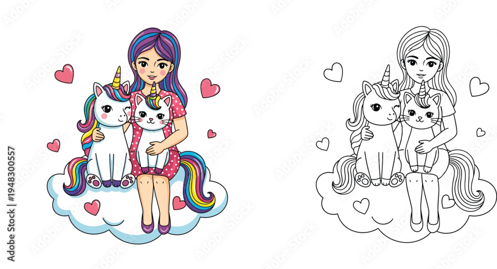 Obraz premium Girl Sitting on Cloud with Unicorn and Caticorn
