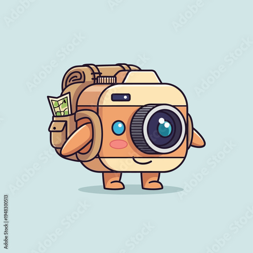 Cartoon camera with backpack smiling.