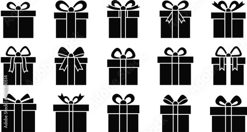 Black Gift Box Icon Set with Ribbon and Bow Shapes for Birthday, Christmas, Holiday Present Packaging Symbols in Minimal Vector Silhouette Style