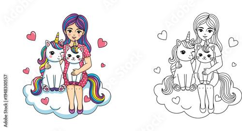 Girl Sitting on Cloud with Unicorn and Caticorn