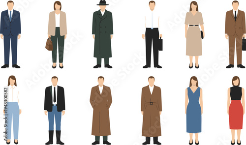 Professional attire vector illustration with diverse clothing styles, business suits, dresses, trench coats, handbags, and office fashion