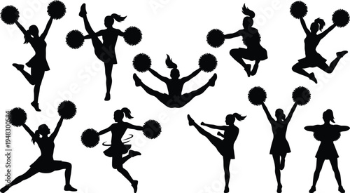 Cheerleader silhouettes set, girls jumping dancing with pom poms energetic sport cheerleading performance poses vector illustration collection