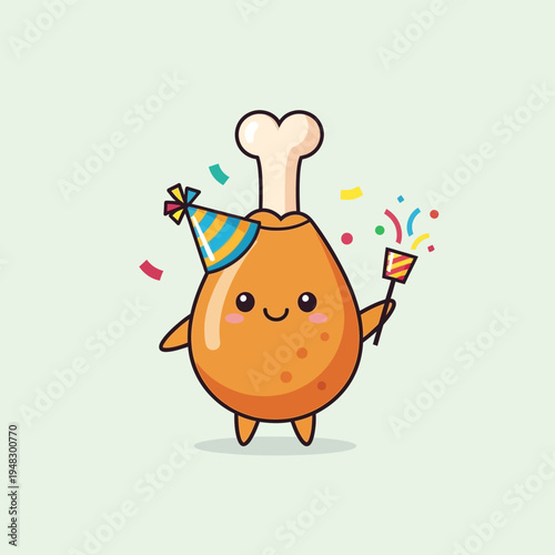 Cartoon Chicken Drumstick Celebrating with Party Hat.