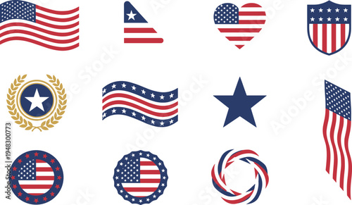 Vector illustration of American flag icons with stars, stripes, hearts, shields, and circular emblems for patriotic and national celebration designs