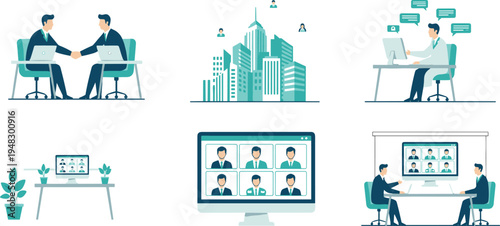 Vector illustration of business and remote work scenarios including meetings, video conferences, online communication, and connected workforce