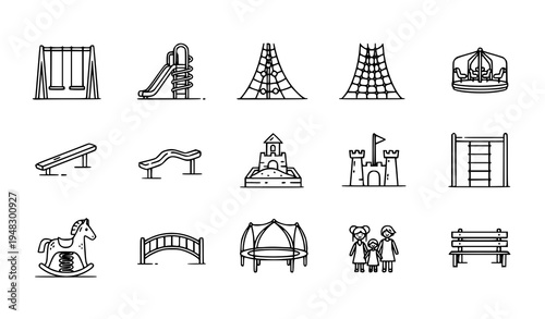 Children City Playground Line Icon Set with Slide Swing Climbing and Outdoor Park Play Equipment