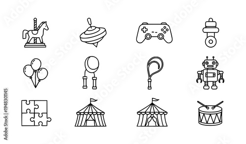 Kids Entertainment Line Icon Set with Toys Circus and Fun Activity Symbols for Children