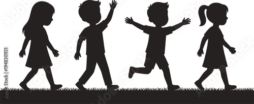 Children walking silhouettes set, kids strolling and waving playful childhood outdoor activity happy little people vector illustration collection
