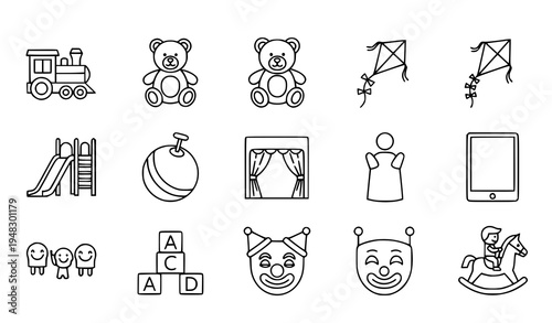 Children Entertainment Outline Icons Set with Toys Playground and Fun Activity Symbols for Kids