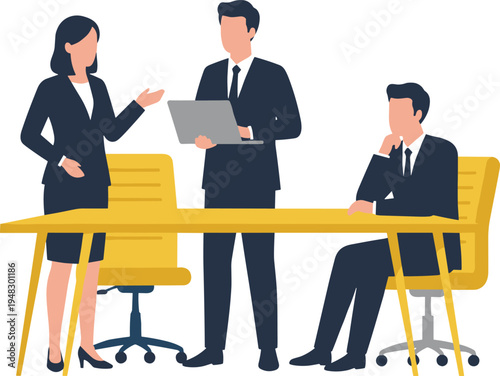 Vector illustration of business professionals collaborating in corporate meeting with laptop discussion, brainstorming ideas, and teamwork communication