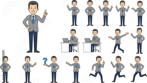 Vector illustration of businessman character in multiple poses and expressions showing workplace actions, emotions, and communication gestures