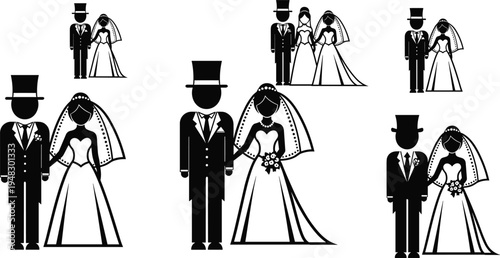 Bride and Groom Wedding Couple Silhouette Set with Romantic Marriage Ceremony Characters Holding Hands Isolated Vector Collection for Love and Bridal Design