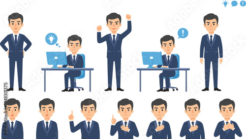 Vector illustration of businessman showing emotions, gestures, and activities at workplace including ideas, celebration, surprise, and thoughtful expressions
