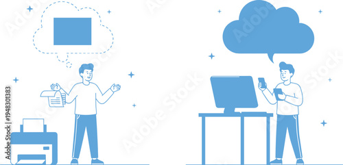 Vector illustration of cloud technology with document printing and multi‑device synchronization showing modern digital data management solutions