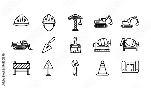 Construction Line Icons Set with Building Tools Machinery and Engineering Equipment Symbols