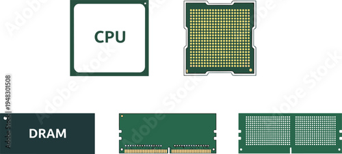 Vector illustration of CPU and DRAM modules showing front, back, and connector views