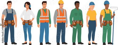 Vector illustration of diverse construction and labor professionals in workwear and safety gear