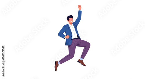 A cartoon man jumping in the air with a triumphant expression
