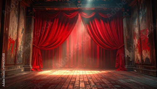 Theater stage with red velvet curtains an old wooden floor with dramatic lighting for performance or presentation.