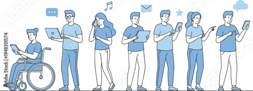 Vector illustration of diverse people using digital devices with icons representing communication, media, and accessibility in modern technology