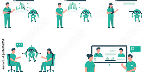 Vector illustration of healthcare professionals collaborating with robots and artificial intelligence for diagnostics, education, and telemedicine solutions