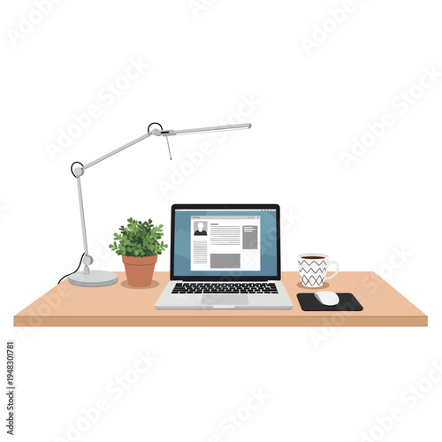 A clean and minimalist desk setup featuring a laptop, mouse, plant, lamp, and coffee mug, perfect for a home office or workspace illustration