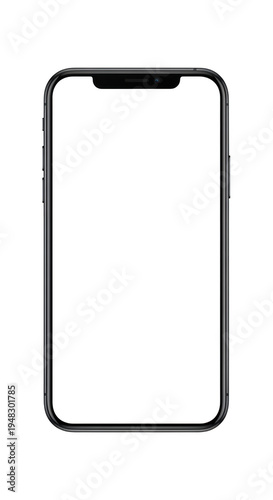 A black iphone with a blank screen isolated on transparent background
