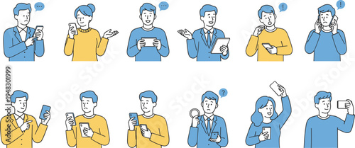 Vector illustration of people using smartphones and tablets with expressions showing communication, inquiry, surprise, and social interaction