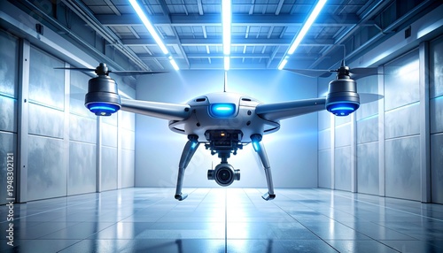 Aerial Drone Technology Innovation in Industrial Space for Commercial Use and Inspection Purposes with Bright Illumination.