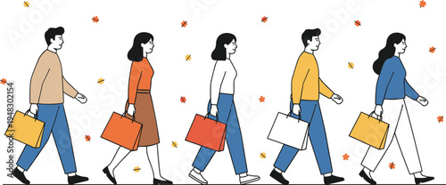 Vector illustration of people walking with shopping bags in autumn clothing surrounded by seasonal leaves representing lifestyle and retail activity