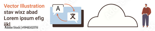 Translation services, global communication, cloud storage, language solutions, technology in education, freelancing. Translation icons with text and cloud storage. Translation services and global