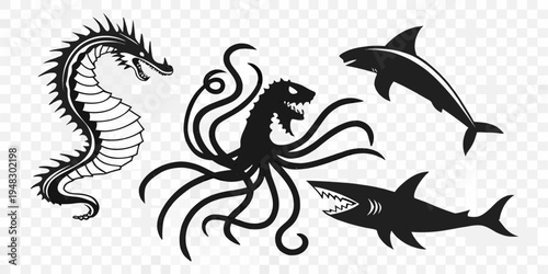 black silhouettes of sea creatures on transparent background Vector