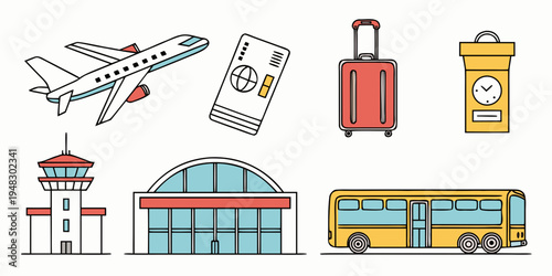 airport travel icons with plane bus and luggage Vector