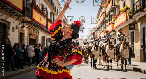 A graceful flamenco dancer performs in the street during a vibrant and festive spanish tradition