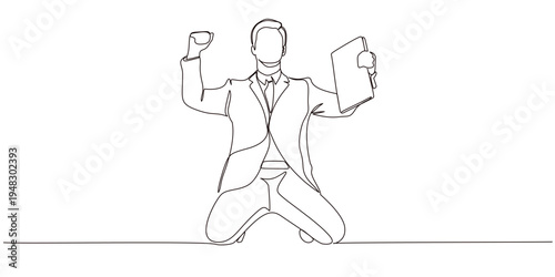 continuous line art of a Bussinesman in work suits raising their hands and feeling happy about their work achievements. the concept of success and achievement in work. celebrating success