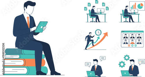 Vector illustration of professionals engaged in business activities including learning, data analysis, time management, and remote collaboration