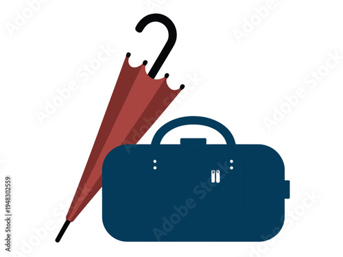 Closed red umbrella rests beside a dark blue duffel bag on white background.